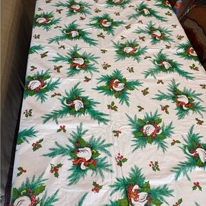 Holiday Tablecloth with Green and Red Holly Design vintage vinyl geese